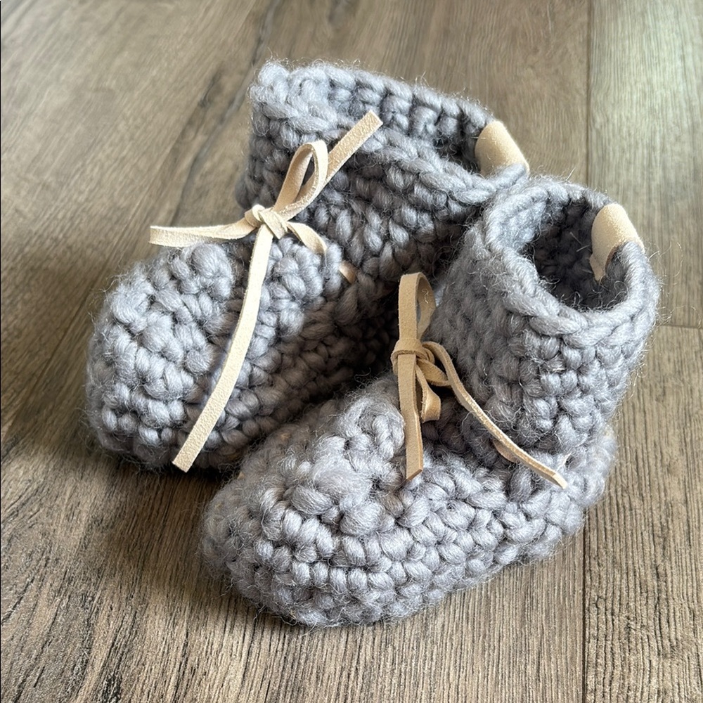 NWOT Gray Crochet Moccasin Slippers with Leather Lace - Never Worn